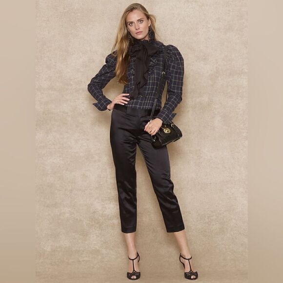 Ralph Lauren Navy Blue Multi Brushed Cotton Check Plaid Ruffle Pleat Blouse - Picture 7 of 16